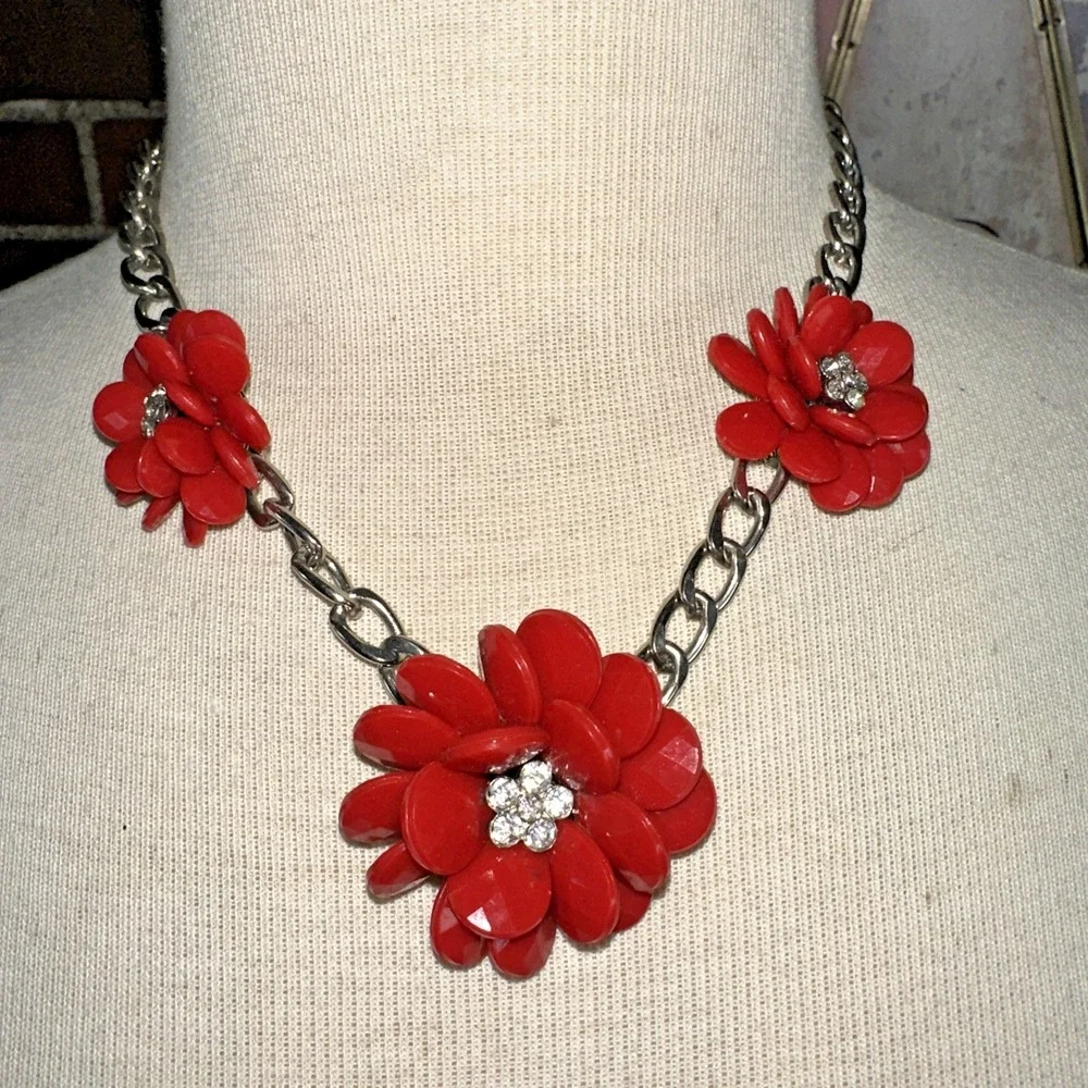 Unbranded Floral Statement Necklace Women OS Red Excellent Rhinestone Chunky